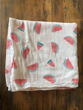 Angel Dear White Muslin Swaddle with Pink & Teal Watermelon Print